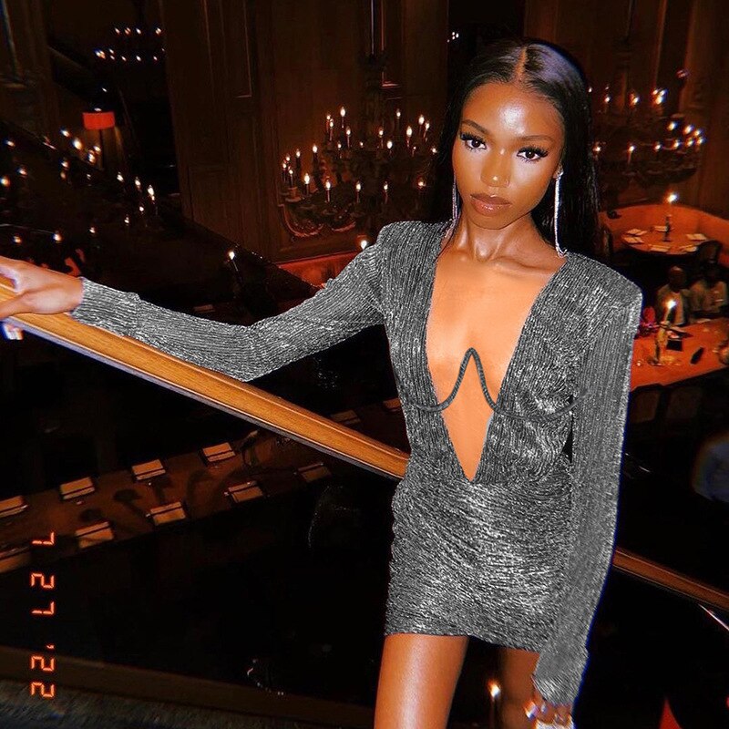 Dam Glittrig Miniklänning V-ringning Slim Fit Polyester med Långa Ärmar-4