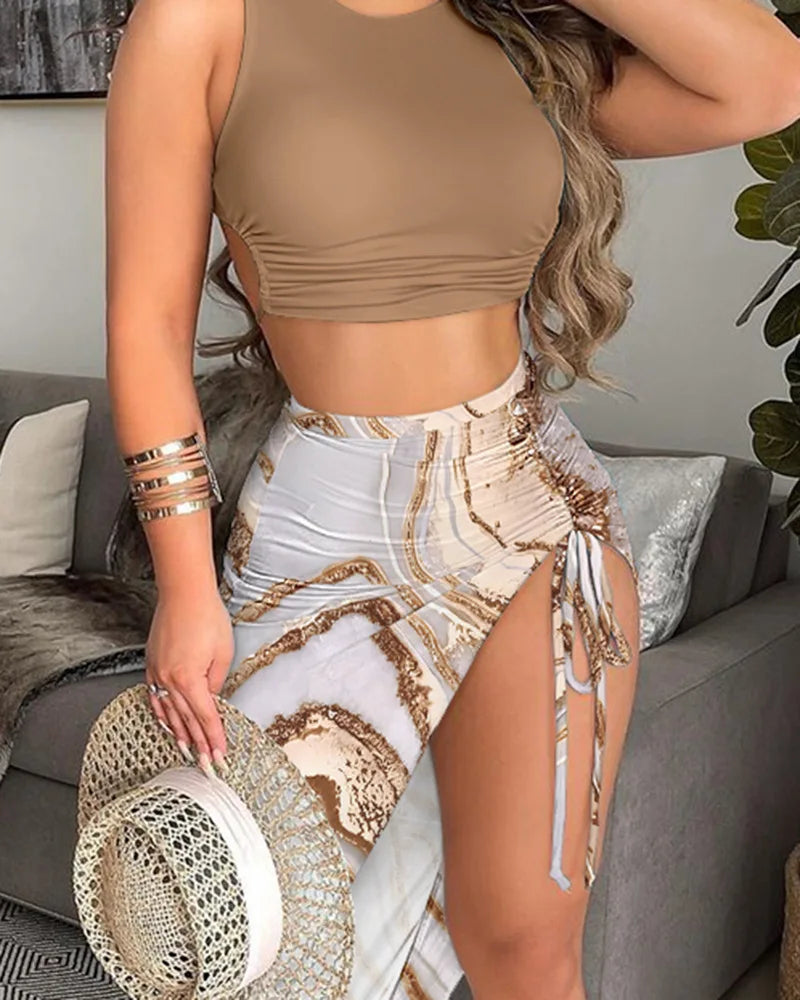 Dam Fönsterkjol Asymmetrisk Polyester med Små Fåglar-3