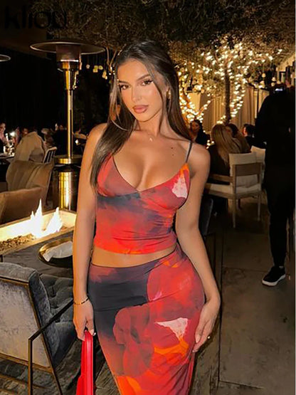 Maxikjol Dam Tvådelad med Brinnande Tryck i Lätt Polyester-2