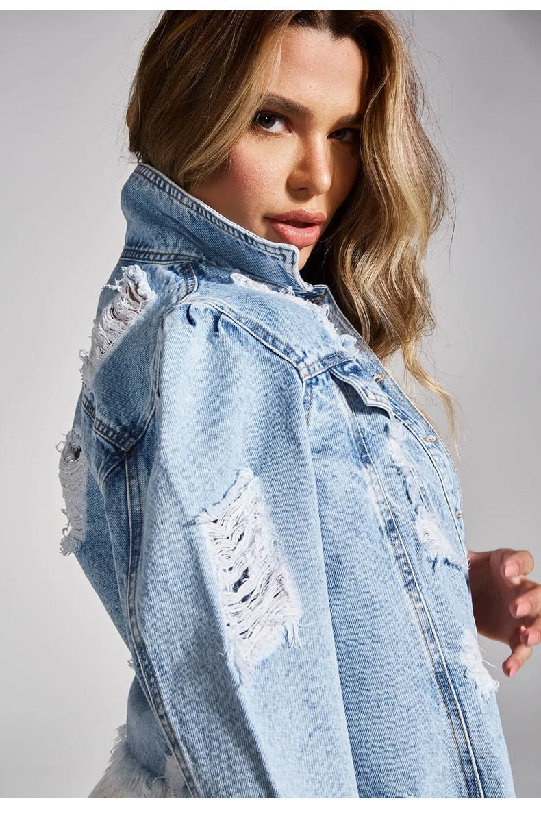 Dam Jeansjacka Rippad Lång Ärmar 100% Bomull-5