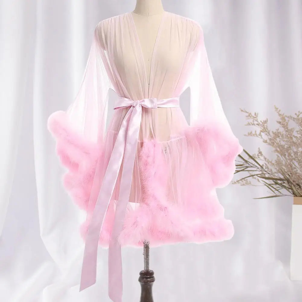 Dam Morgonrock Långärmad Polyester-Spandex med Ruffles-4