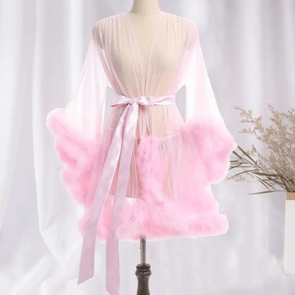 Dam Morgonrock Långärmad Polyester-Spandex med Ruffles-4