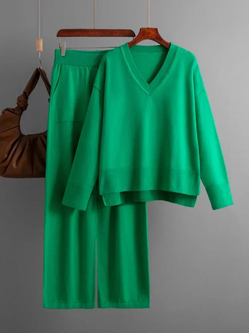 Kvinnors Lounge Set Avslappnad V-ringning Mjuk Stickad Fiber-1