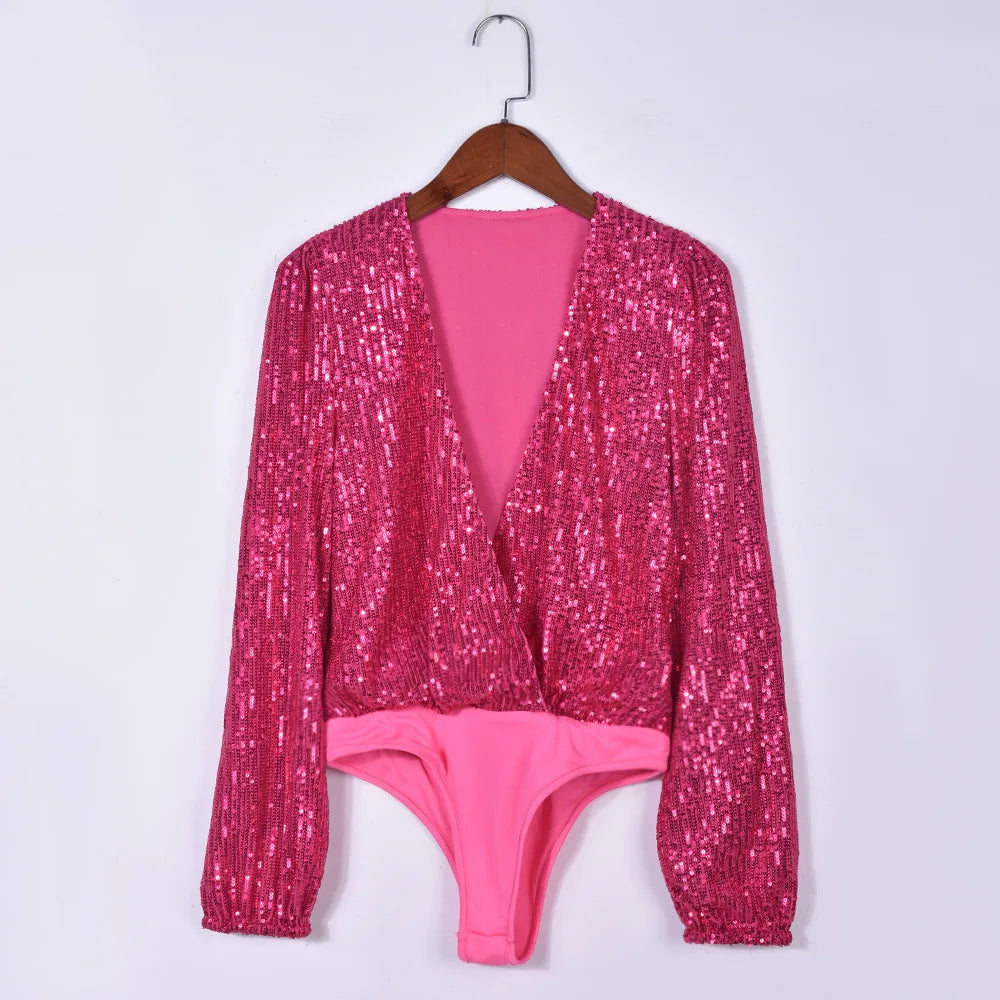 Dam Bodysuit Monokrom Paljett Polyester-5