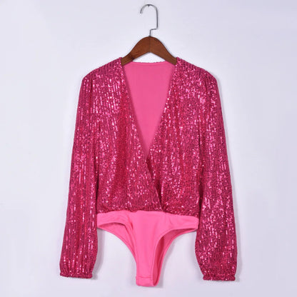 Dam Bodysuit Monokrom Paljett Polyester-5
