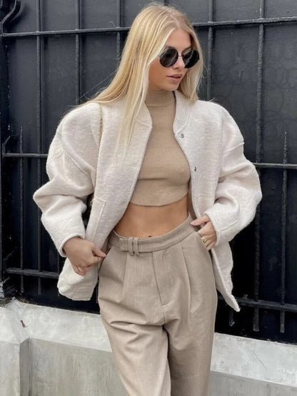 Dam Överdimensionerad Ulljacka Rund Halsöppning Knappar-2