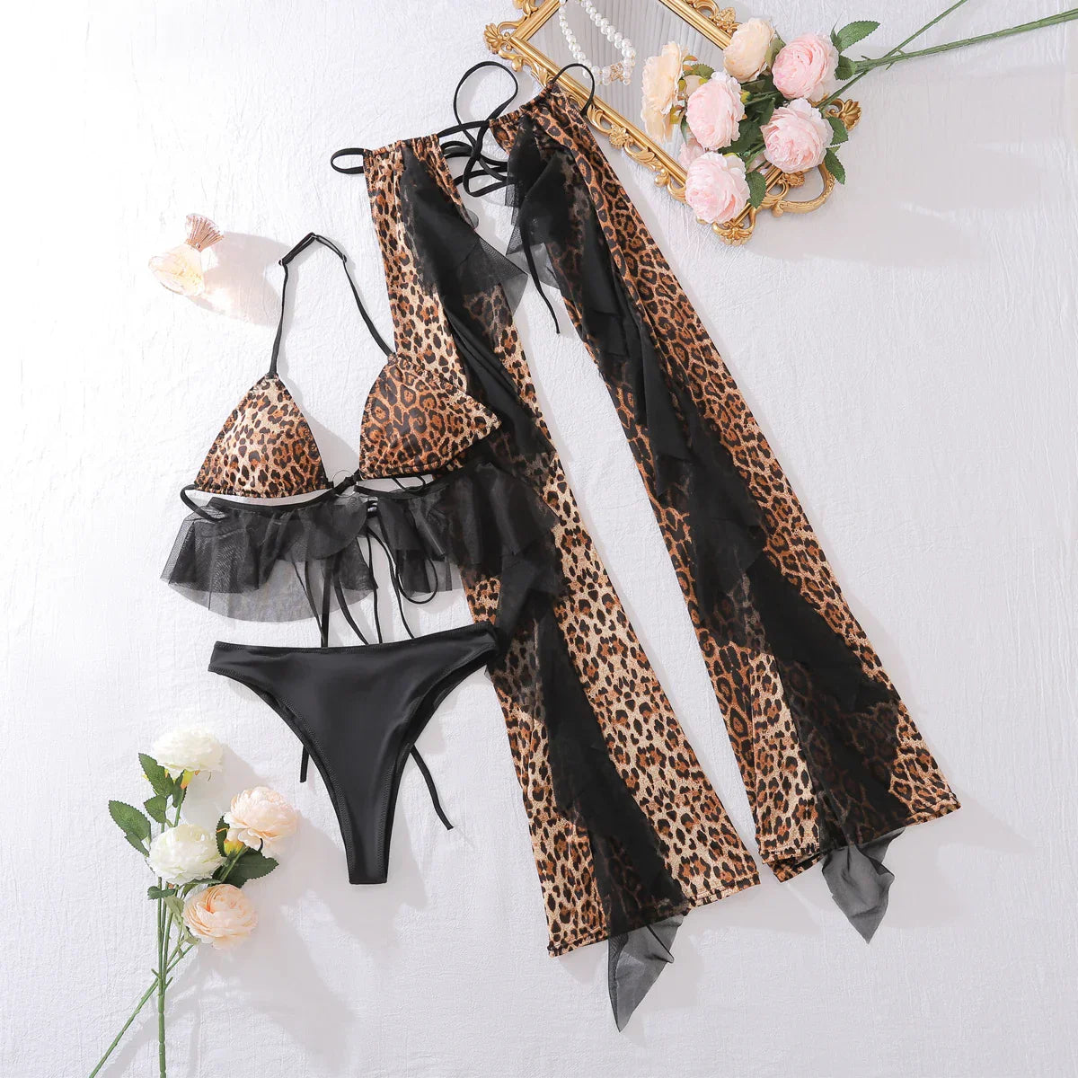 Damunderkläder Set Leopardmönster Polyester Snygga Underkläder Dam-1