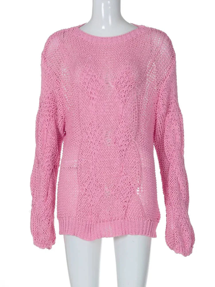 Stickad Dam Tröja O-Hals Hålmönster Spandex och Polyester-6