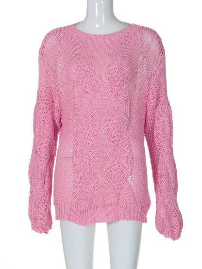 Stickad Dam Tröja O-Hals Hålmönster Spandex och Polyester-6