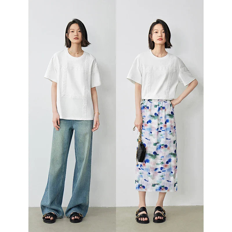 Dam T-shirt Avslappnad Bomull Med Broderi-3