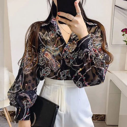 Dam Blus Blommönster Långärmad Chiffong-1
