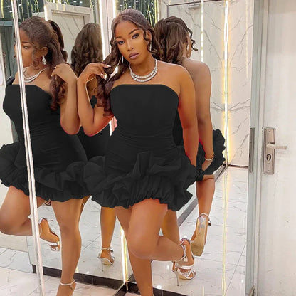 Damklänning Axel Fri Med Spets Detaljer, Mini Klänning i Bomull och Polyester-3