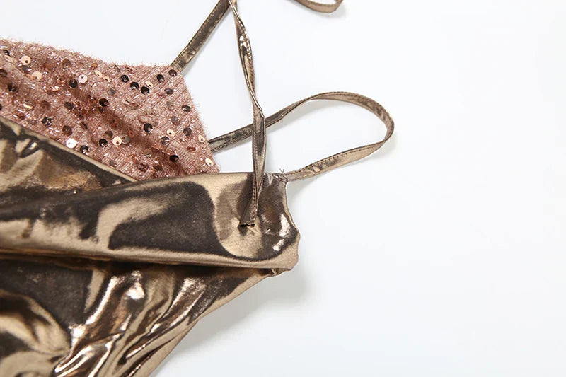 Dam Glittrig Miniklänning Halterneck med Paljetter i Tight Passform-6