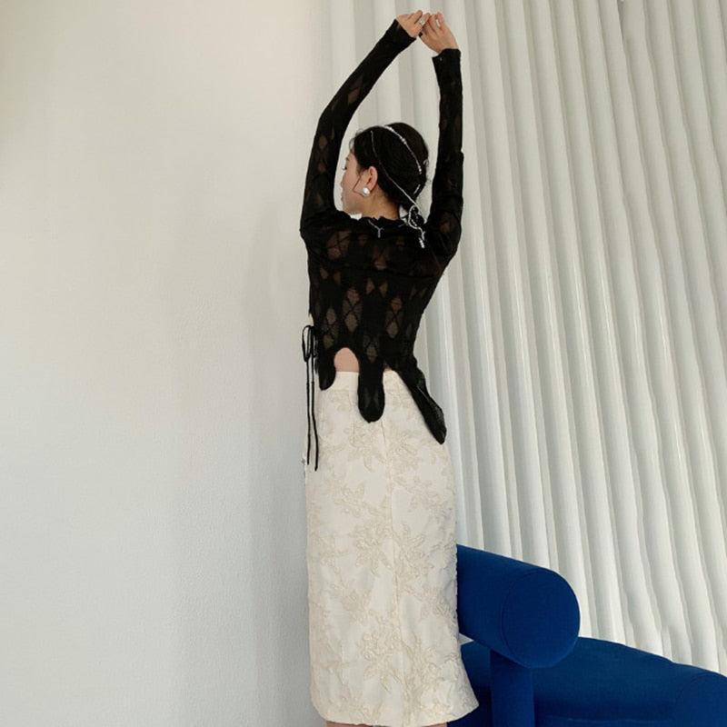 Kvinna Blus och Midi Kjol Transparent Blommönster Bomull Polyester-4