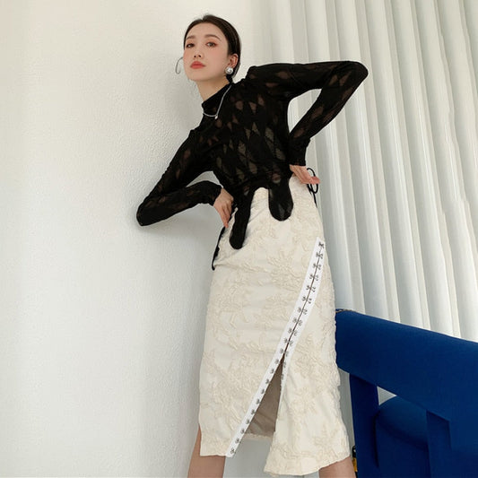 Kvinna Blus och Midi Kjol Transparent Blommönster Bomull Polyester-1