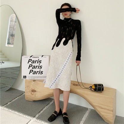 Kvinna Blus och Midi Kjol Transparent Blommönster Bomull Polyester-5