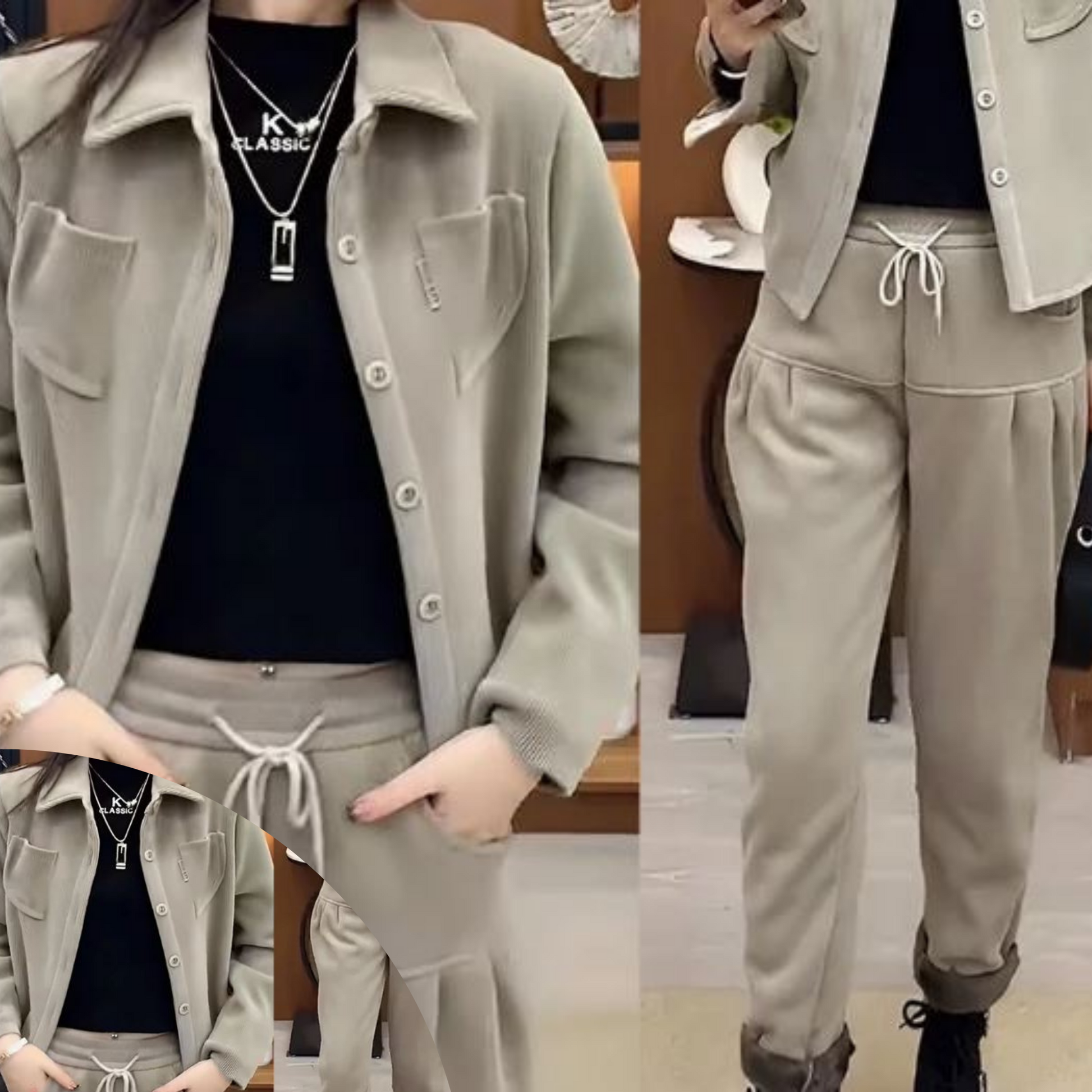 Kvinno Kostym Jacka och Byxor Vintage Stil Högkvalitativt Tyg-4