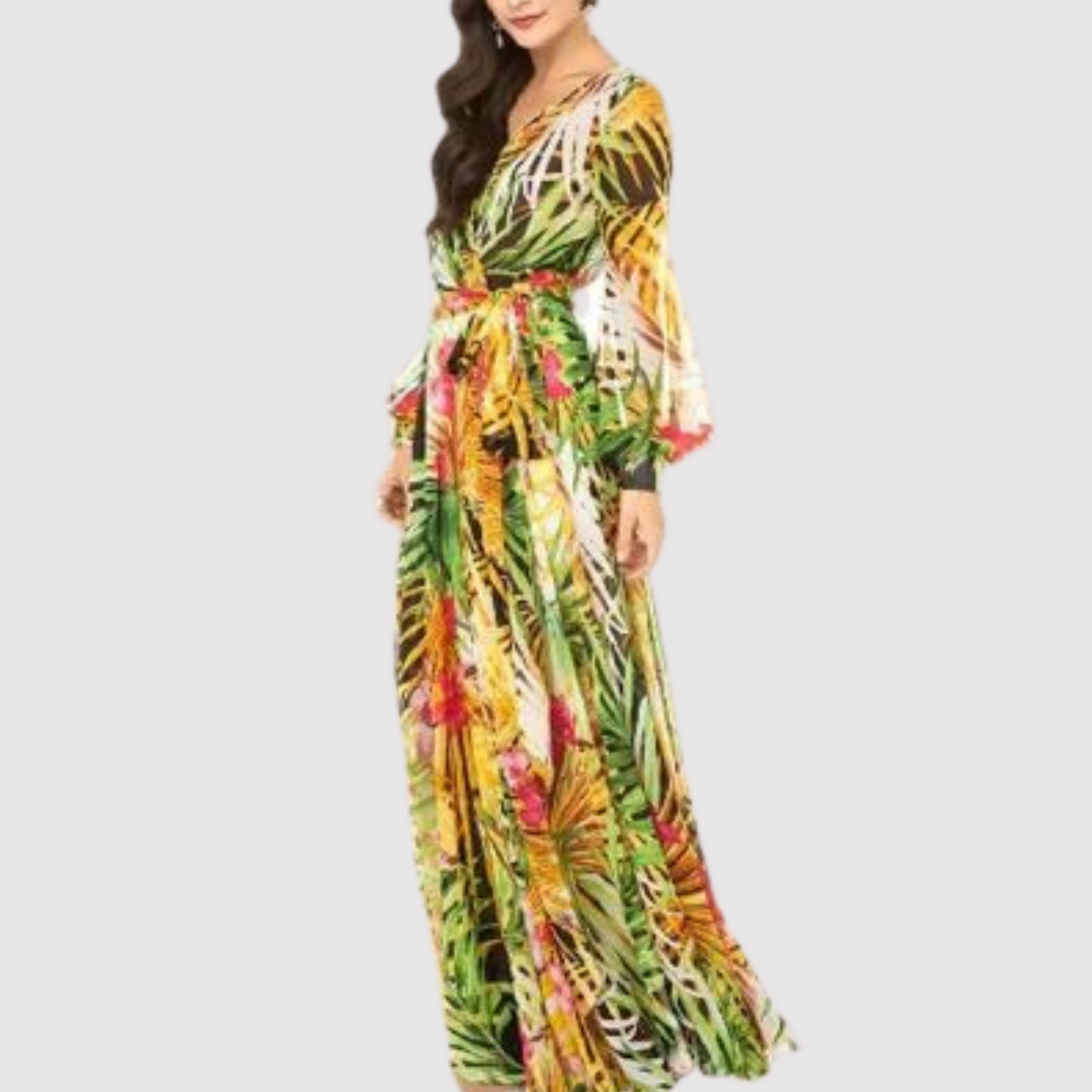 Kvinnors Lång Klänning V-ringning Puffärmar Lätt Tyg-3