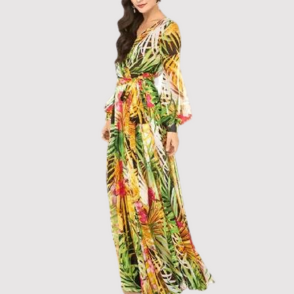 Kvinnors Lång Klänning V-ringning Puffärmar Lätt Tyg-3