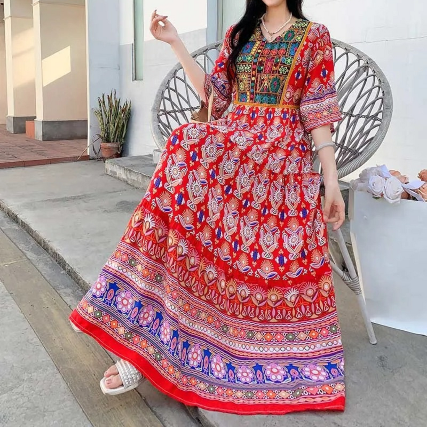 Maxiklänning Dam Tryckt Lång Klänning i Lätta Tyger-3