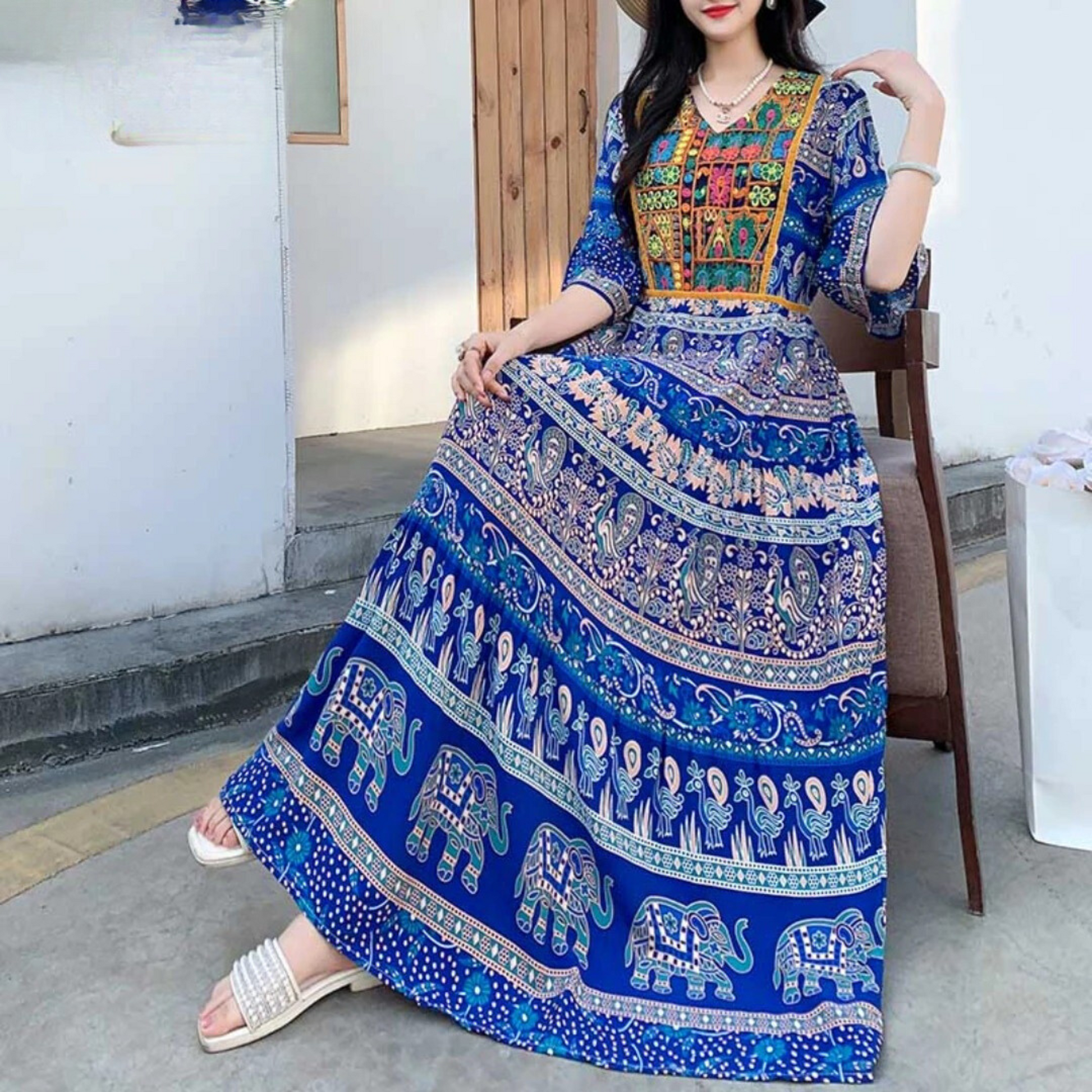 Maxiklänning Dam Tryckt Lång Klänning i Lätta Tyger-4