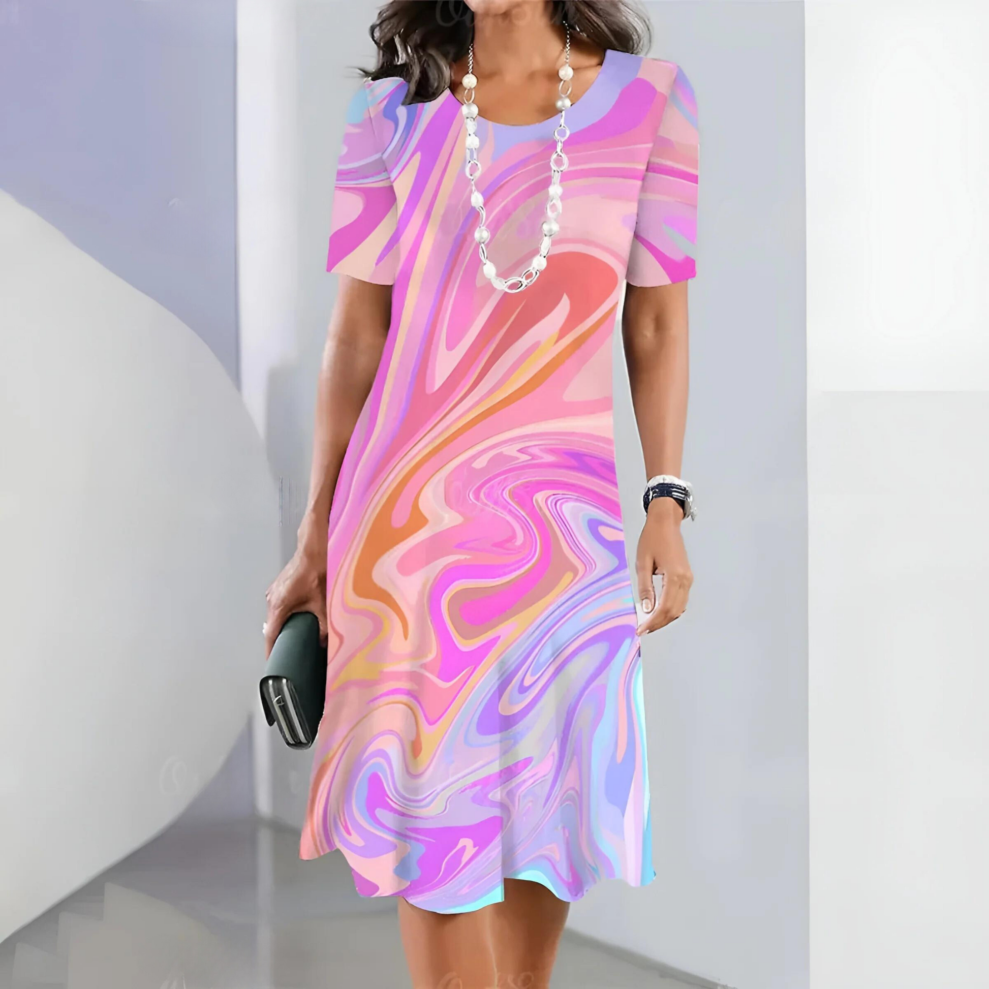 Dam Klänning Marmorerad Design Lätt Material Elegant Passform-3