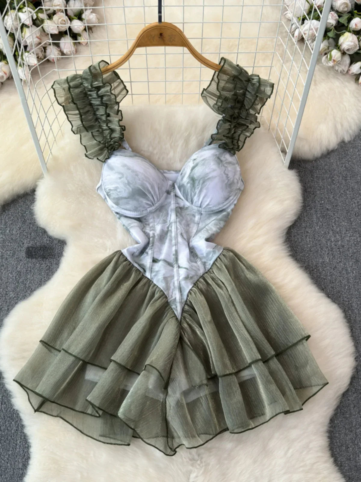 Dam Romper med Ruffles Patchworkdesign Polyester Spandex-3