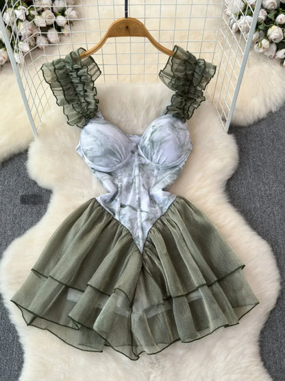 Dam Romper med Ruffles Patchworkdesign Polyester Spandex-3