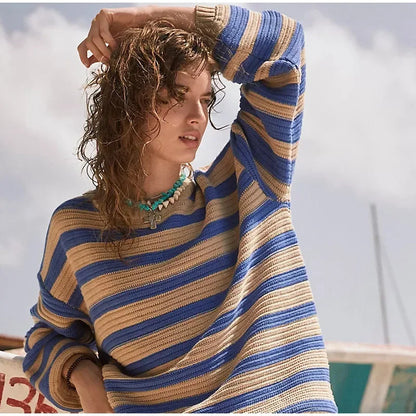 Dam Tröja Långa Ärmar Randigt Mjuk Andningsbar Material-4