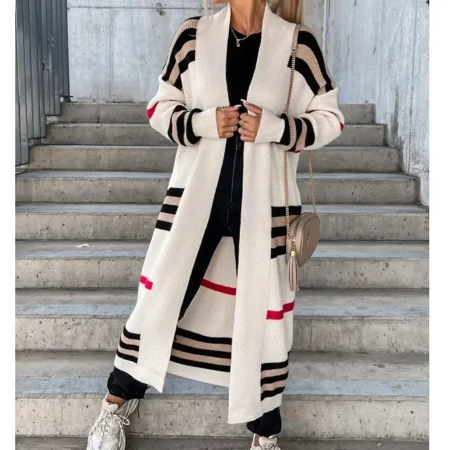 Lång Kofta Dam Stickad Randig Design i 100% Akryl – Trendig Lång Cardigan för Höst och Vinter 4