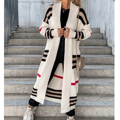 Lång Kofta Dam Stickad Randig Design i 100% Akryl – Trendig Lång Cardigan för Höst och Vinter 9