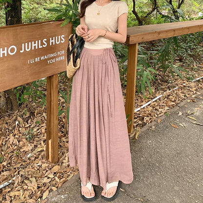 Dam Maxikjol Flödande Linneblandning Justerbart Bindningsbälte-1