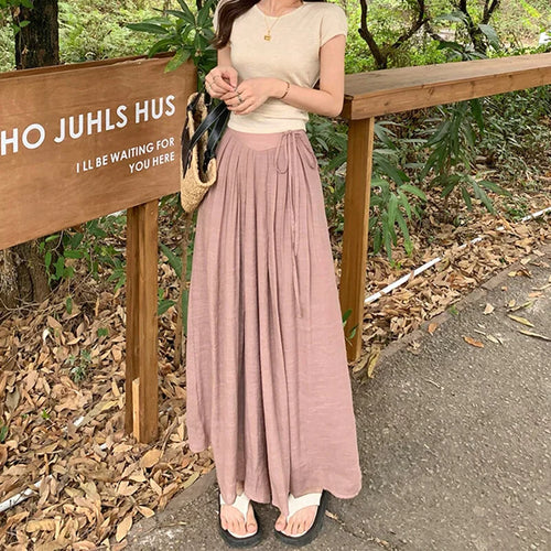 Dam Maxikjol Flödande Linneblandning Justerbart Bindningsbälte-1