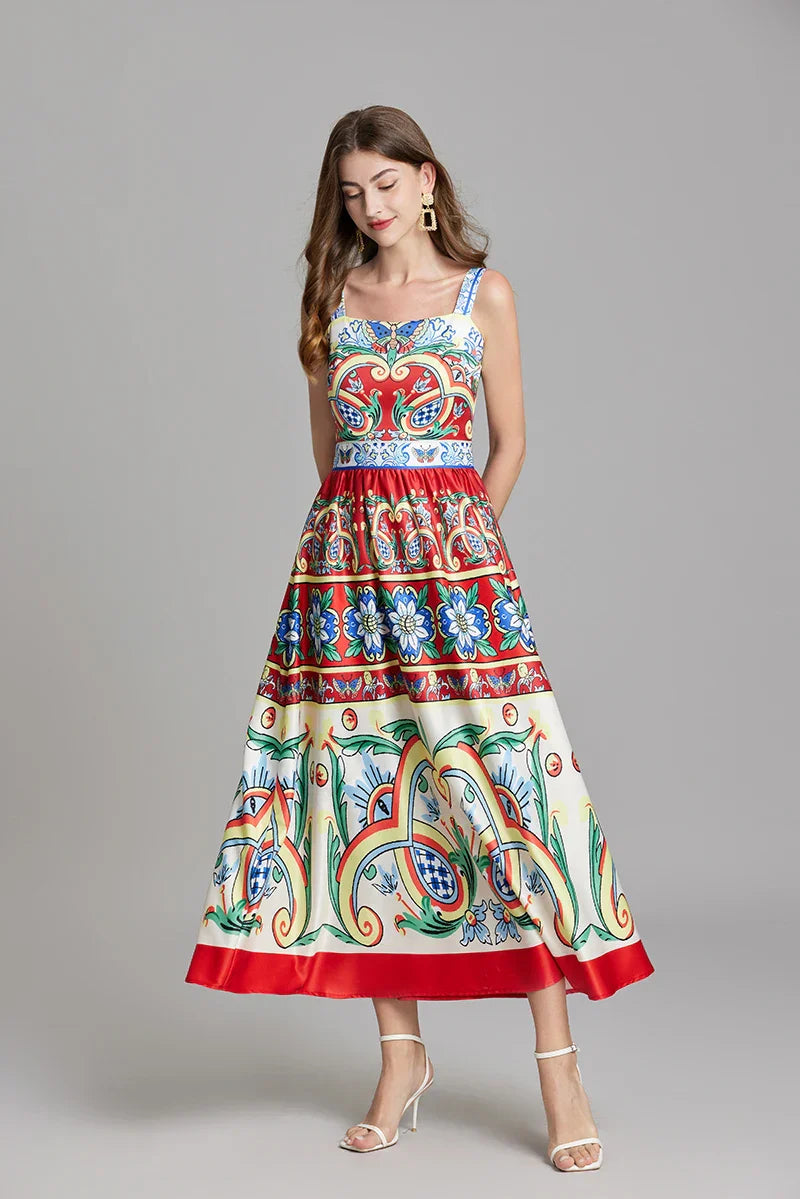 Kvinna Midi Klänning Spaghetti Band A-linje Polyester-5