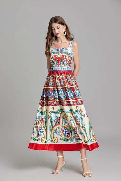 Kvinna Midi Klänning Spaghetti Band A-linje Polyester-5