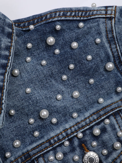 Jeansjacka Dam med Pärldekoration Avslappnad Denim 3