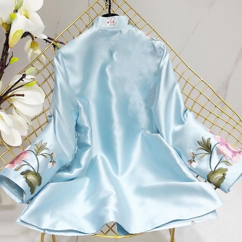 Dam Blus Blommigt Broderi Polyester Stativkrage-3