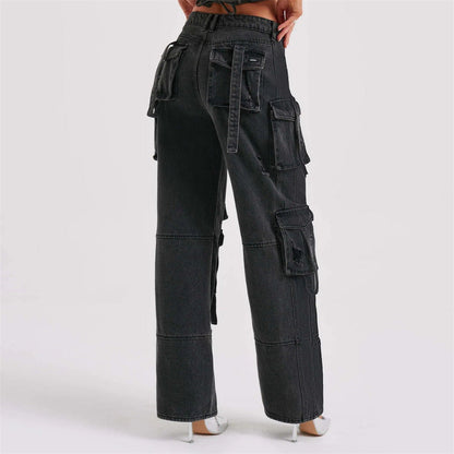 Dam Lastbyxor i Denim Avslappnad Passform med Flera Fickor-5