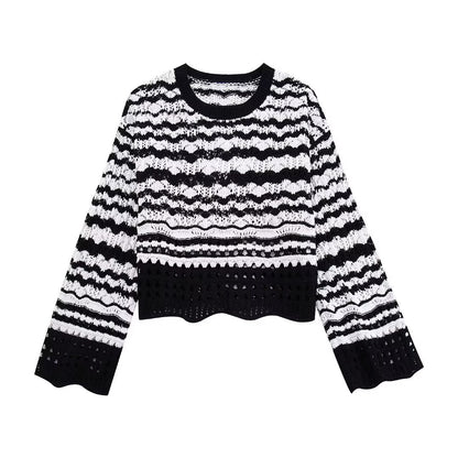 Dam Tröja Beskuren Randig med Fransdetaljer i Bomull-4