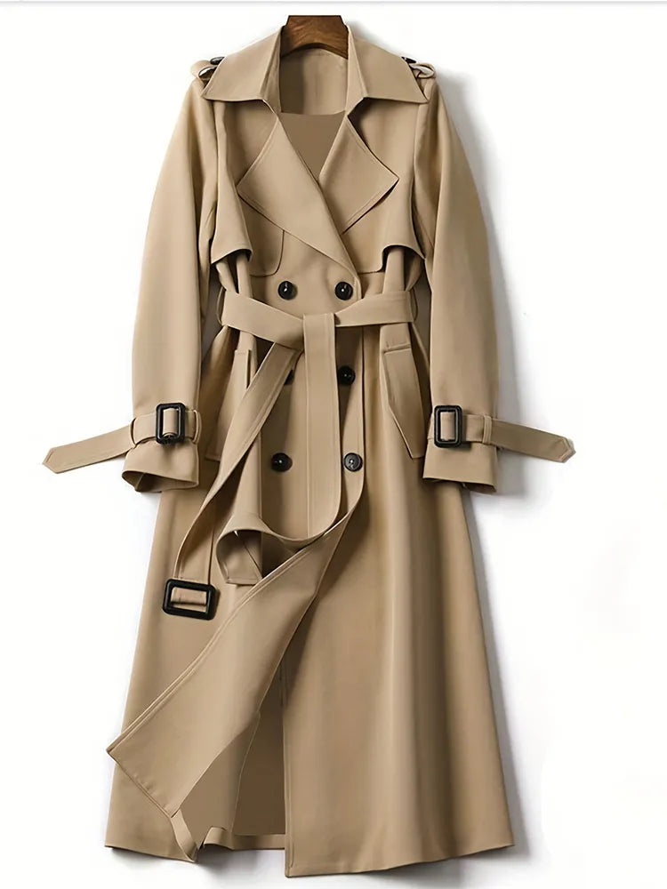 Lång Trenchrock för Kvinnor med Fällbar Krage och Fickor – Polyester i Elegant Design, Perfekt för Alla Tillfällen 7