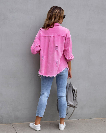 Dam Jeansjacka Skjorta-Stil Avslappnad Denim med Hål-3