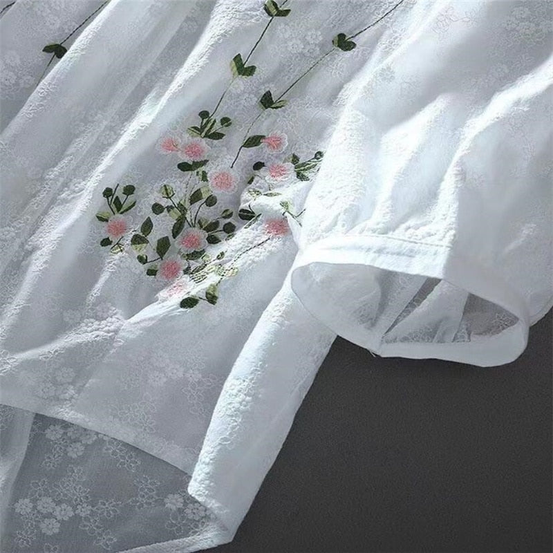 Dam Blus V-neck Mikrofiber med Blomsterbroderi-4