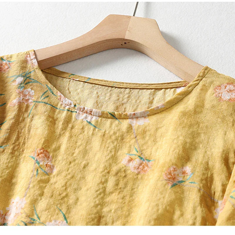 Dam Blus Av Linne Blommigt Tryck Avslappnad Passform-2