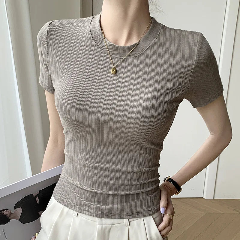 Dam T-shirt Rundhals Viskos Normal Passform Kort Ärmar-4