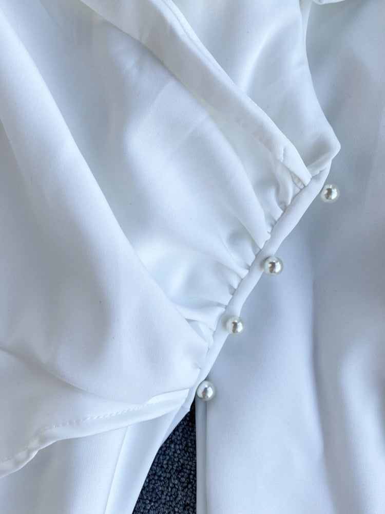 Dam Blus Modern Klassisk Monokrom Polyester med Pärldetaljer-4