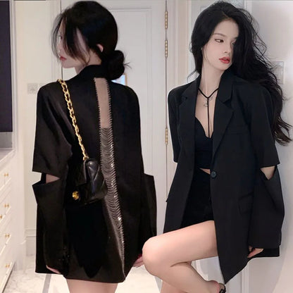 Dam Blazer Monokrom Polyester och Bomull Normal Passform Lång Ärmlängd-1