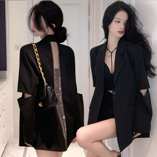 Dam Blazer Monokrom Polyester och Bomull Normal Passform Lång Ärmlängd-1