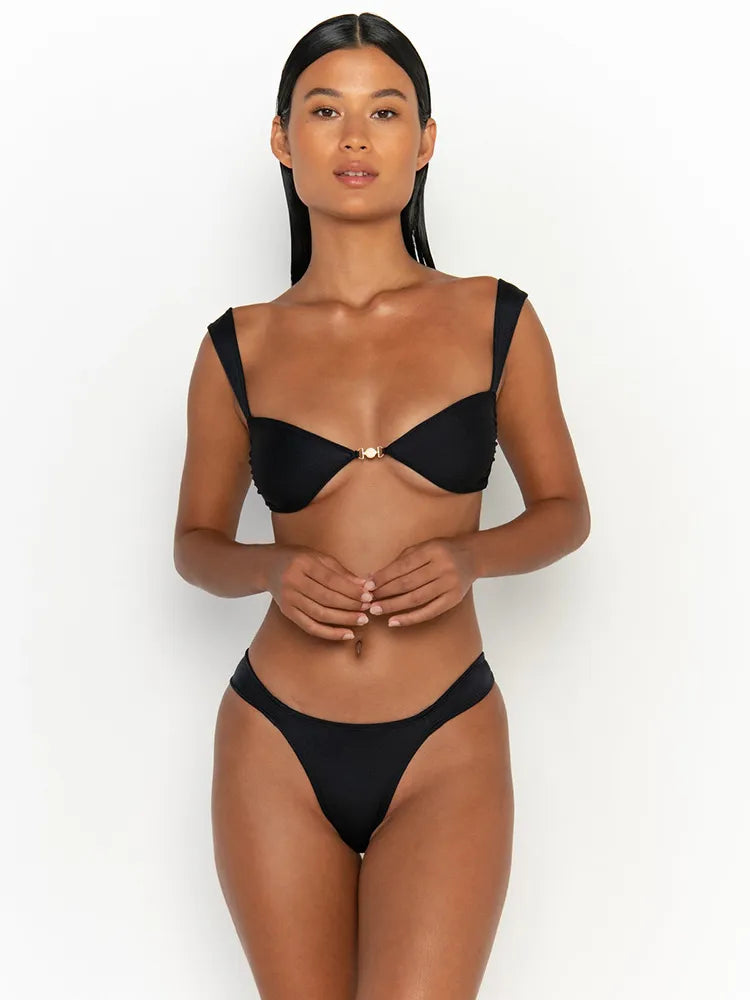 Dam Bikini Låg Midja Enfärgad Polyester-3