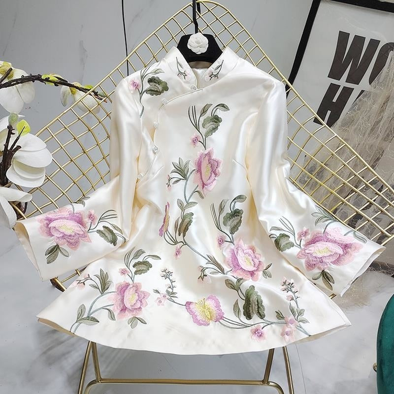 Variant image for Dam Blus Blommigt Broderi Polyester Stativkrage-4