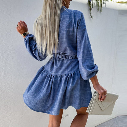 Dam Miniklänning Denim Långa Ärmar Polyester-Bomull med Bälte-4